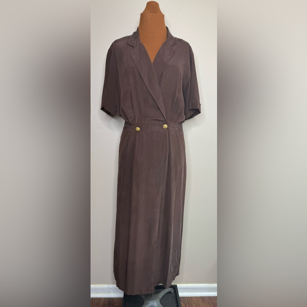 Robbie Bee Silk Chocolate Brown Maxi Length Wrap Dress Short Sleeve Size 12 - Picture 1 of 7